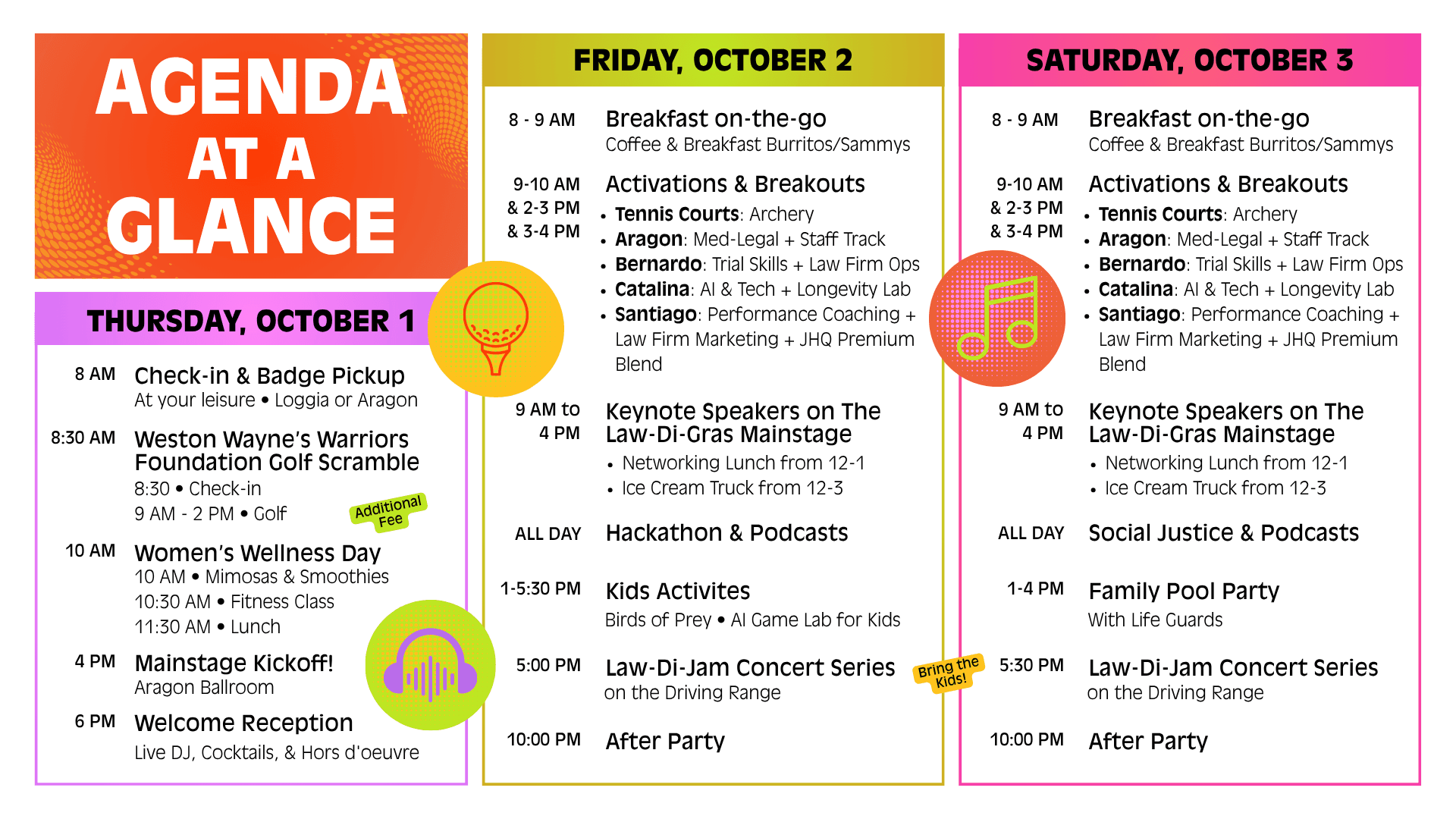 Law-Di-Gras 2026 agenda at a glance showing events and activities for Thursday, October 1 through Saturday, October 3, including golf, wellness activities, keynote speakers, breakout sessions, kids activities, concerts, receptions, and after parties.