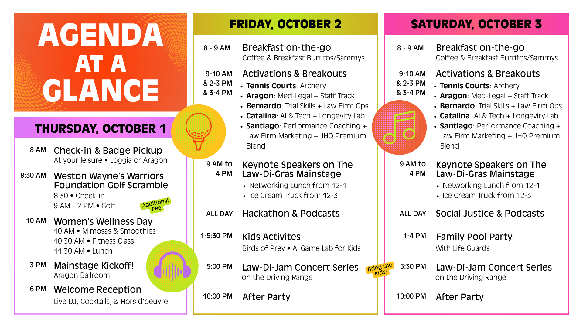 Law-Di-Gras 2026 agenda at a glance showing events and activities for Thursday, October 1 through Saturday, October 3, including golf, wellness activities, keynote speakers, breakout sessions, kids activities, concerts, receptions, and after parties.